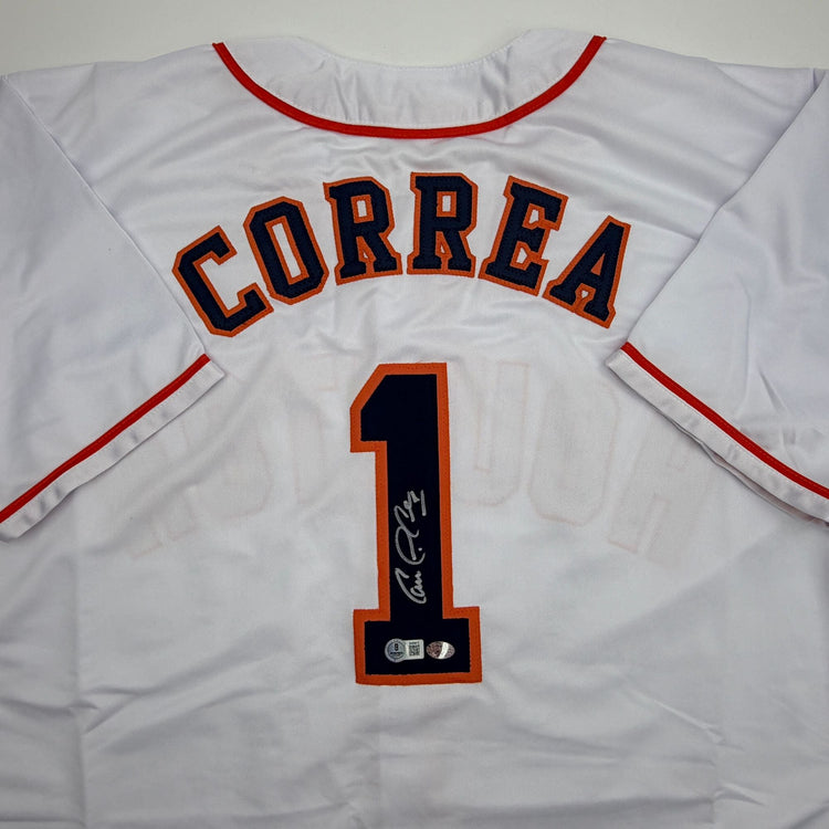 Autographed/Signed Carlos Correa Houston White Baseball Jersey Beckett BAS COA