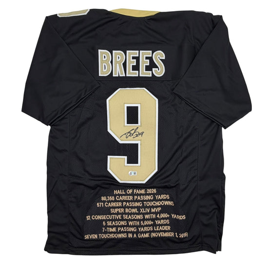 Autographed/Signed Drew Brees New Orleans Black Stat Football Jersey Beckett BAS COA