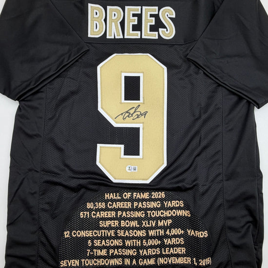 Autographed/Signed Drew Brees New Orleans Black Stat Football Jersey Beckett BAS COA