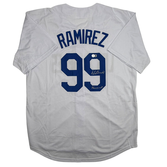 Autographed/Signed Manny Ramirez MannyWood Los Angeles White Baseball Jersey Beckett BAS COA