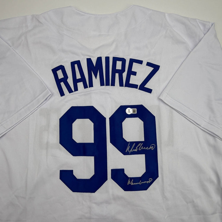 Autographed/Signed Manny Ramirez MannyWood Los Angeles White Baseball Jersey Beckett BAS COA