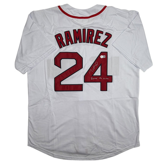 Autographed/Signed Manny Ramirez Reverse The Curse Boston White Baseball Jersey Beckett BAS COA