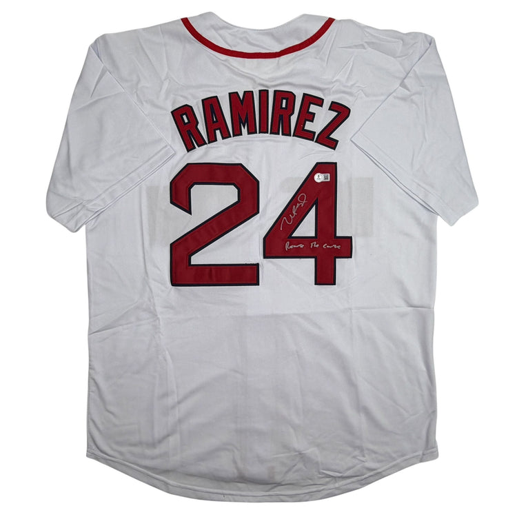 Autographed/Signed Manny Ramirez Reverse The Curse Boston White Baseball Jersey Beckett BAS COA