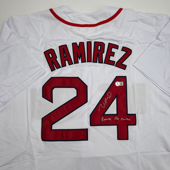 Autographed/Signed Manny Ramirez Reverse The Curse Boston White Baseball Jersey Beckett BAS COA