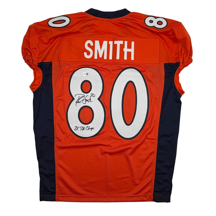 Autographed/Signed Rod Smith 2x SB Champs Denver Orange Pro Cut Football Jersey Beckett BAS COA