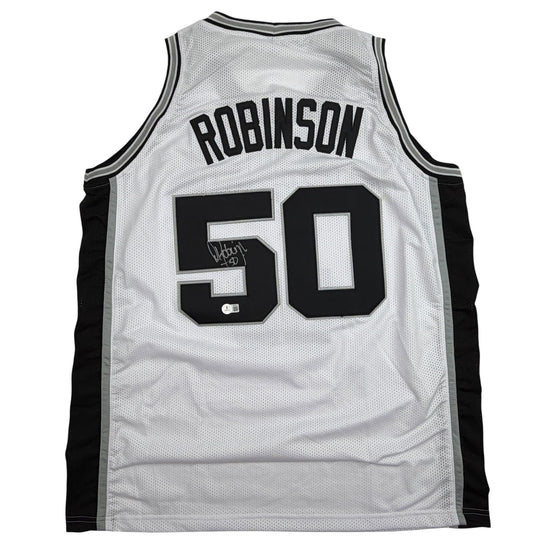 Autographed/Signed David Robinson San Antonio White Basketball Jersey Beckett BAS COA