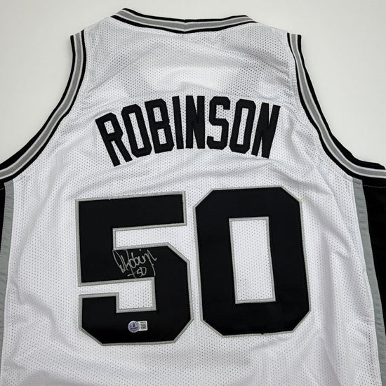 Autographed/Signed David Robinson San Antonio White Basketball Jersey Beckett BAS COA