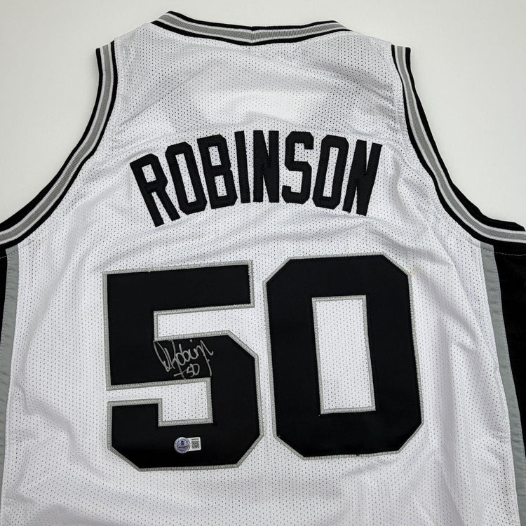 Autographed/Signed David Robinson San Antonio White Basketball Jersey Beckett BAS COA