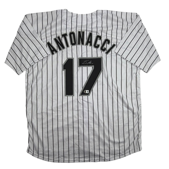 Autographed/Signed Sam Antonacci Chicago Pinstripe Baseball Jersey Beckett BAS COA