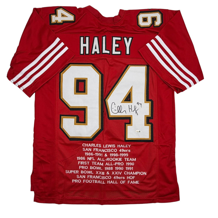 Autographed/Signed Charles Haley San Francisco Red Alternate Stat Football Jersey JSA COA