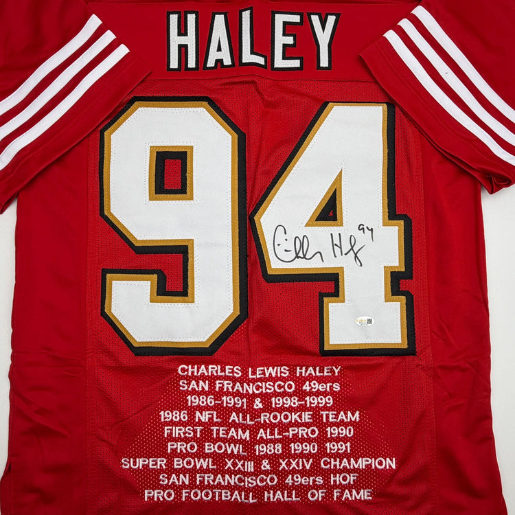 Autographed/Signed Charles Haley San Francisco Red Alternate Stat Football Jersey JSA COA