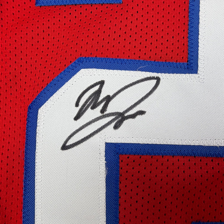 Autographed/Signed Marcus Jones New England Red Pro Cut Football Jersey Beckett BAS COA