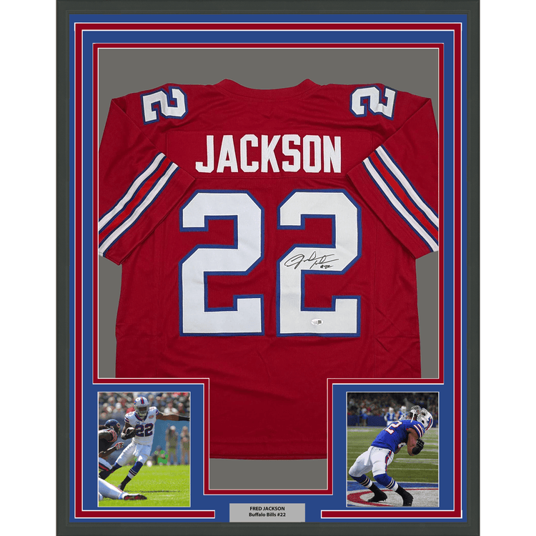 Framed Autographed/Signed Fred Jackson 35x39 Buffalo Red Football Jersey JSA COA