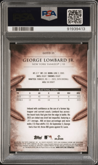 Graded 2024 Topps Bowman George Lombard Jr #BOTD25 Gladiators of the Diamond Rookie RC Baseball Card PSA 10 Gem Mint