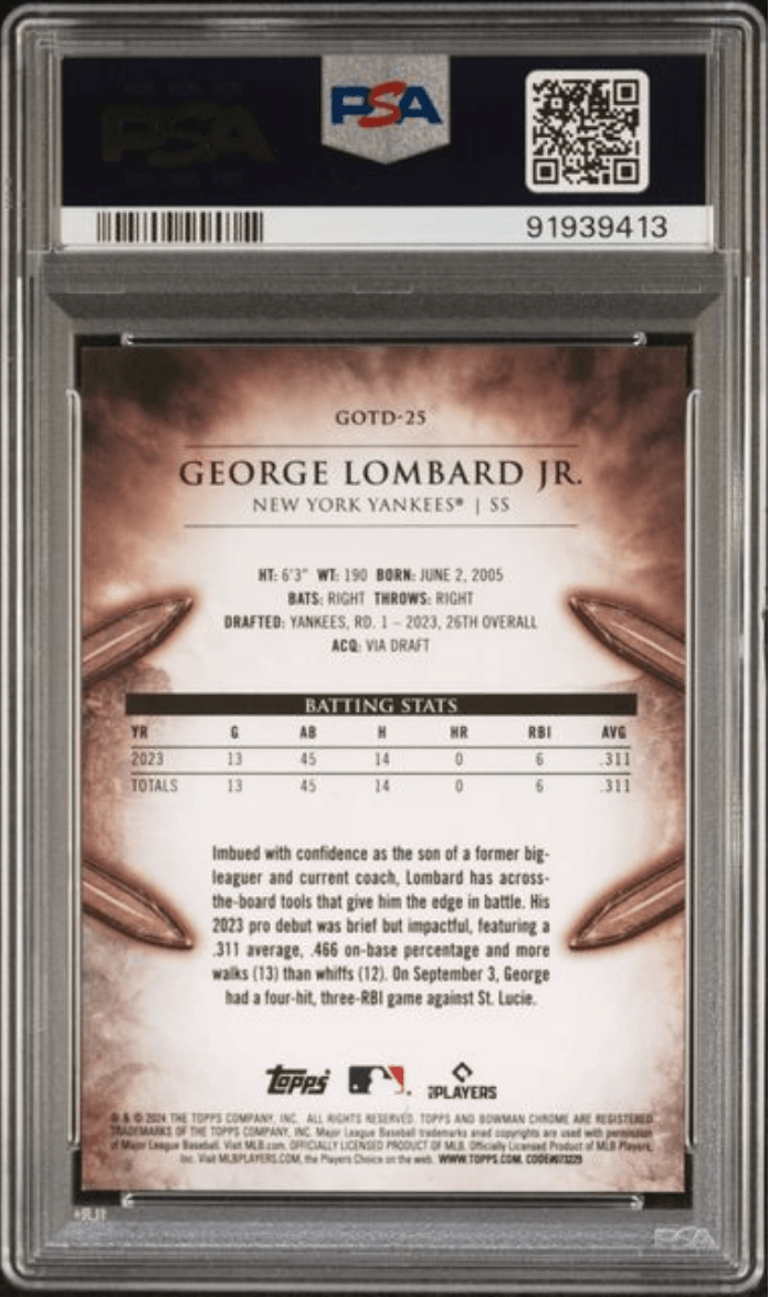 Graded 2024 Topps Bowman George Lombard Jr #BOTD25 Gladiators of the Diamond Rookie RC Baseball Card PSA 10 Gem Mint