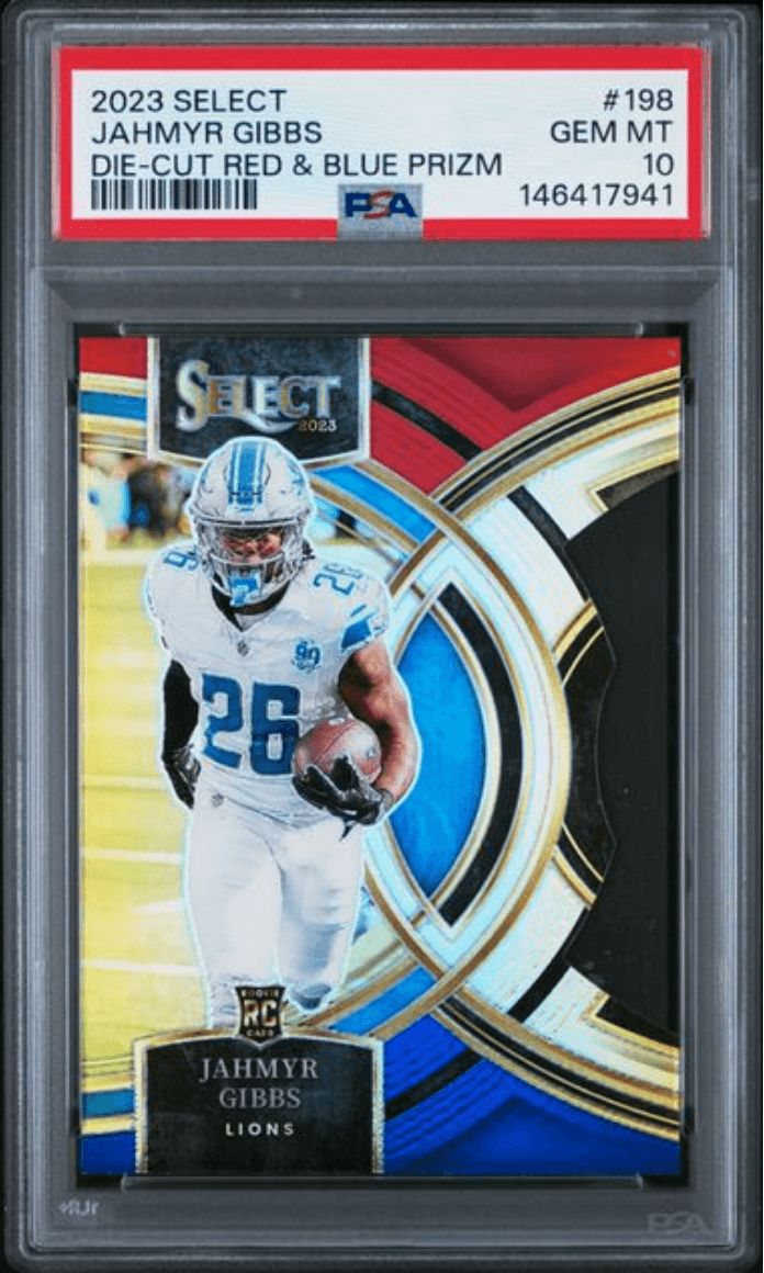 Graded 2023 Panini Select Jahmyr Gibbs #198 Die Cut Red & Blue Prizm Rookie RC Football Card PSA 10 Gem Mint