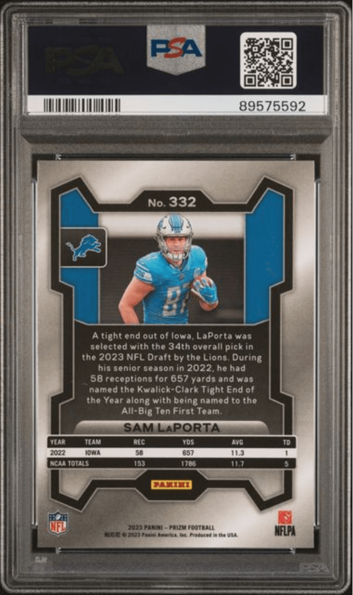 Graded 2023 Panini Prizm Sam LaPorta #332 Rookie RC Football Card PSA 10 Gem Mint