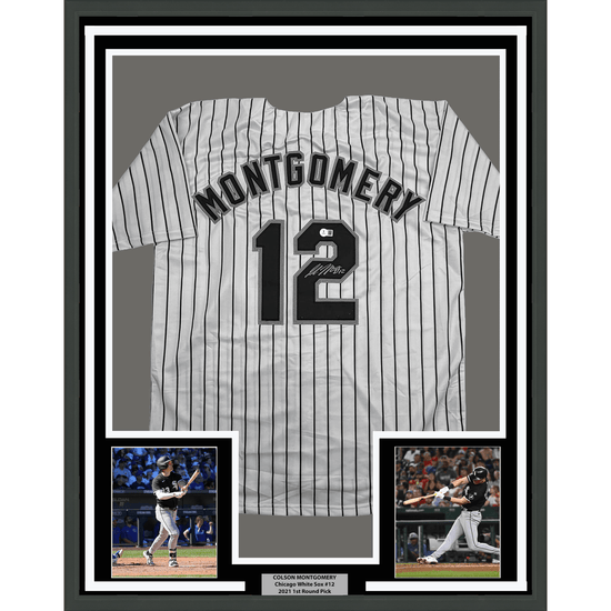 Framed Autographed/Signed Colson Montgomery 35x39 Chicago Pinstripe Baseball Jersey Beckett BAS COA