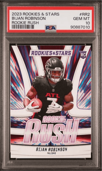 Graded 2023 Panini Rookies & Stars Bijan Robinson #RR2 Rookie Rush Rookie RC Football Card PSA 10 Gem Mint