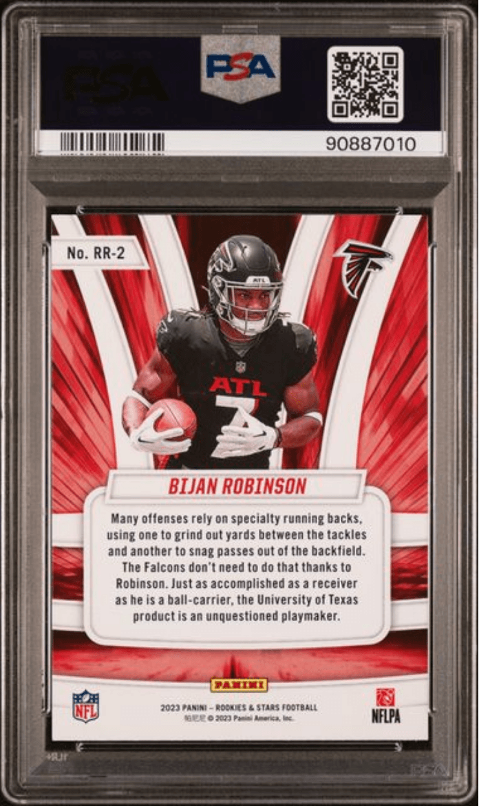 Graded 2023 Panini Rookies & Stars Bijan Robinson #RR2 Rookie Rush Rookie RC Football Card PSA 10 Gem Mint