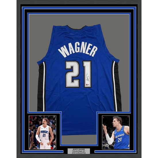 Framed Autographed/Signed Moritz Moe Wagner 35x39 Orlando Blue Basketball Jersey Pristine PA COA
