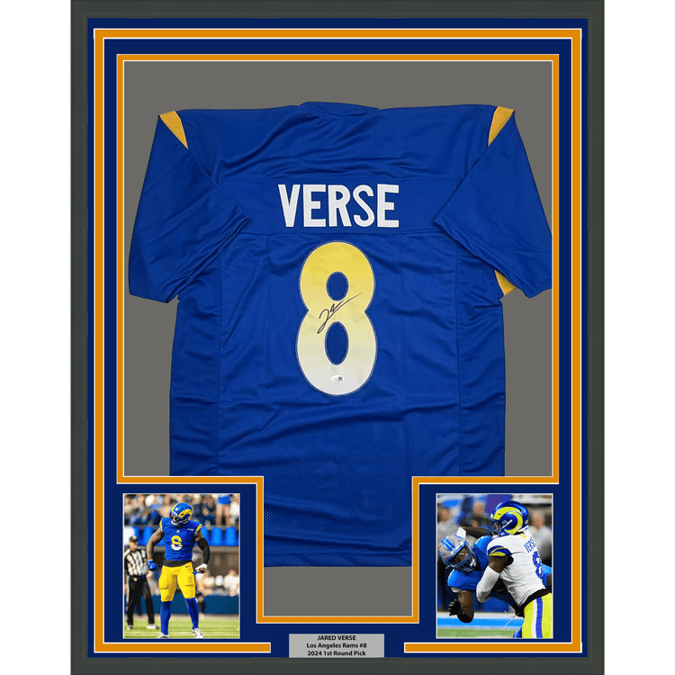 Framed Autographed/Signed Jared Verse 35x39 Los Angeles LA Blue Football Jersey Beckett BAS COA