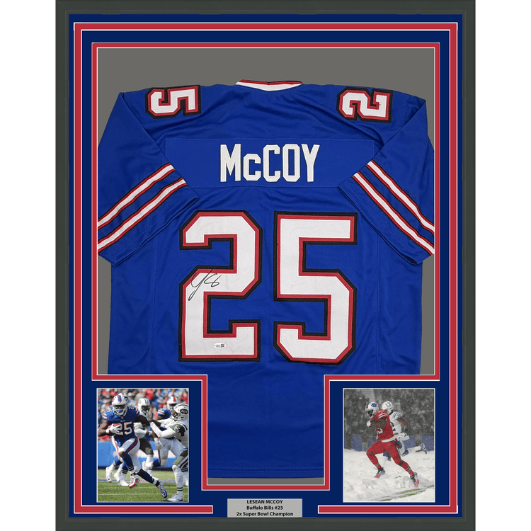 Framed Autographed/Signed LeSean McCoy 35x39 Buffalo Blue Football Jersey JSA COA