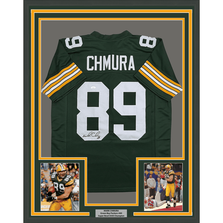 Framed Autographed/Signed Mark Chmura 35x39 Green Bay Green Football Jersey JSA COA