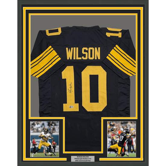 Framed Autographed/Signed Roman Wilson 35x39 Pittsburgh Black Color Rush Football Jersey Beckett BAS COA