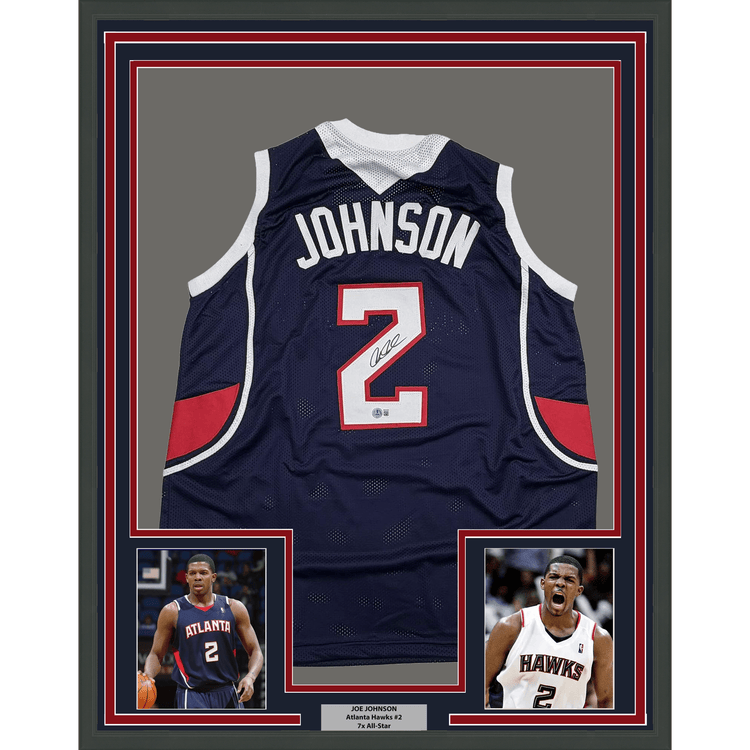 Framed Autographed/Signed Joe Johnson 35x39 Atlanta Blue Basketball Jersey Beckett BAS COA