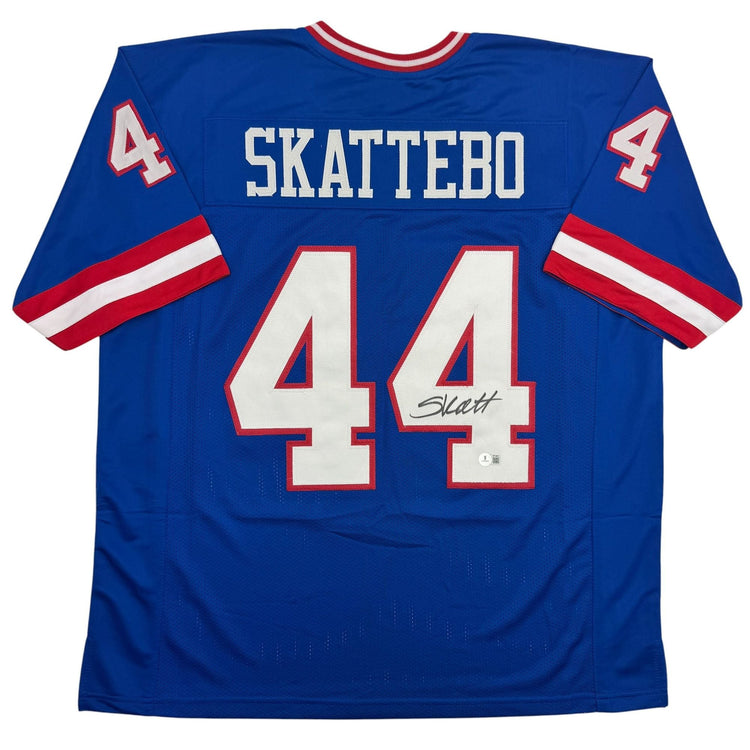 Autographed/Signed Cam Skattebo New York Blue Retro Football Jersey Beckett BAS COA