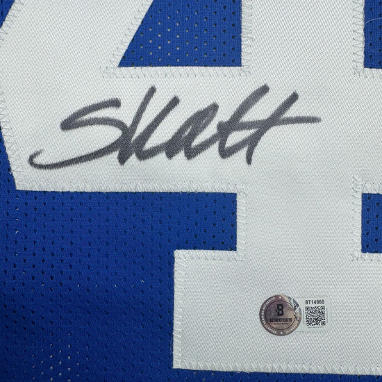 Autographed/Signed Cam Skattebo New York Blue Football Jersey Beckett BAS COA