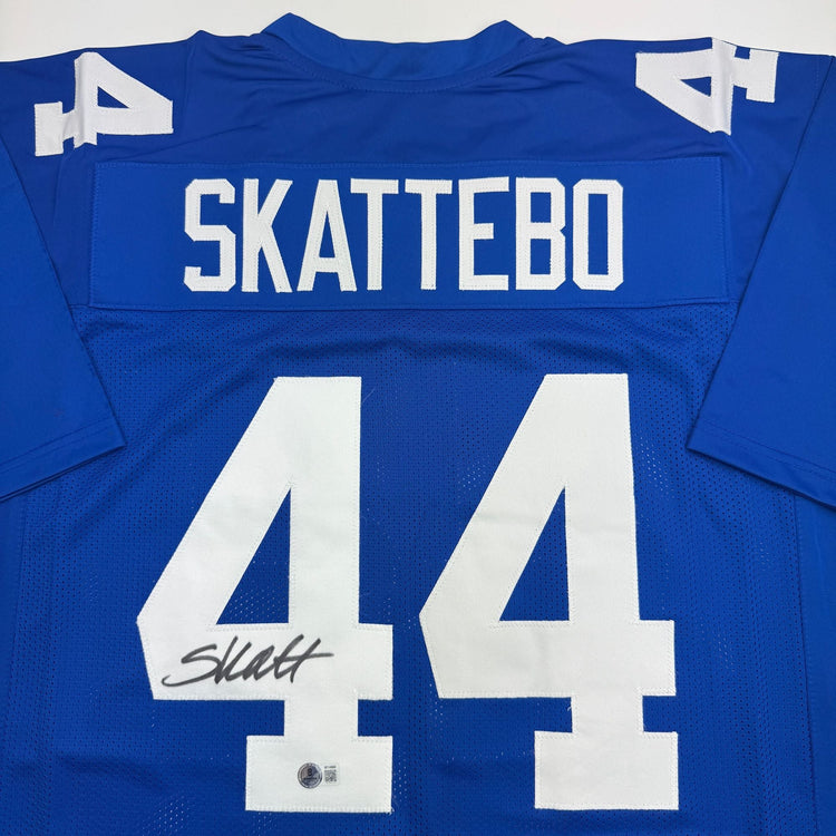 Autographed/Signed Cam Skattebo New York Blue Football Jersey Beckett BAS COA
