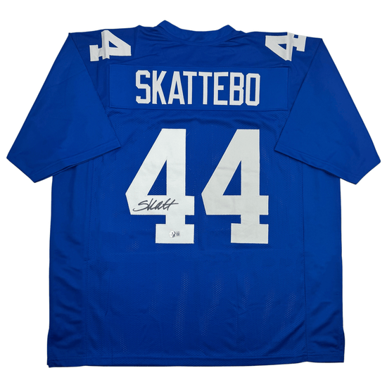 Autographed/Signed Cam Skattebo New York Blue Football Jersey Beckett BAS COA