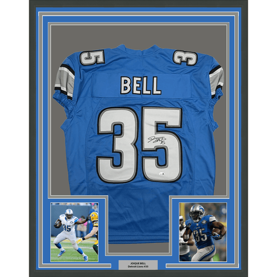 Framed Autographed/Signed Joique Bell 35x39 Detroit Blue Pro Cut Football Jersey JSA COA