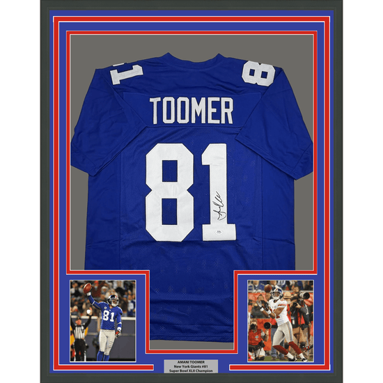 Framed Autographed/Signed Amani Toomer 35x39 New York Blue Football Jersey PSA/DNA COA