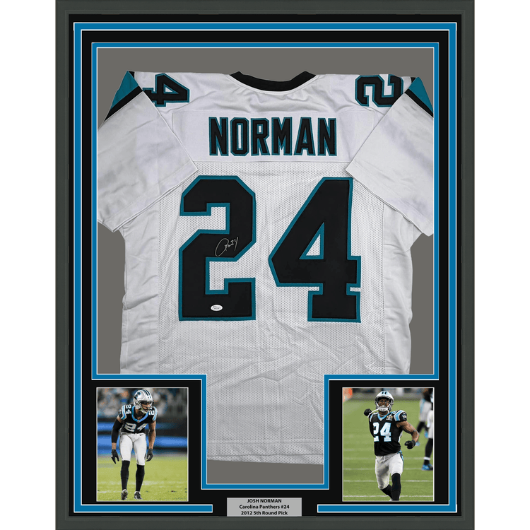 Framed Autographed/Signed Josh Norman 35x39 Carolina White Football Jersey JSA COA