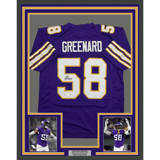 Framed Autographed/Signed Jonathan Greenard 35x39 Minnesota Purple Retro Football Jersey Beckett BAS COA
