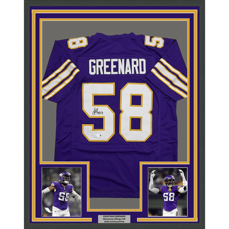 Framed Autographed/Signed Jonathan Greenard 35x39 Minnesota Purple Retro Football Jersey Beckett BAS COA