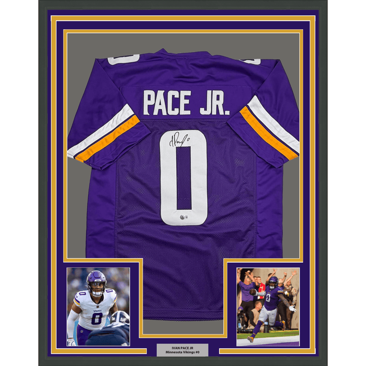 Framed Autographed/Signed Ivan Pace Jr. 35x39 Minnesota Purple Football Jersey Beckett BAS COA