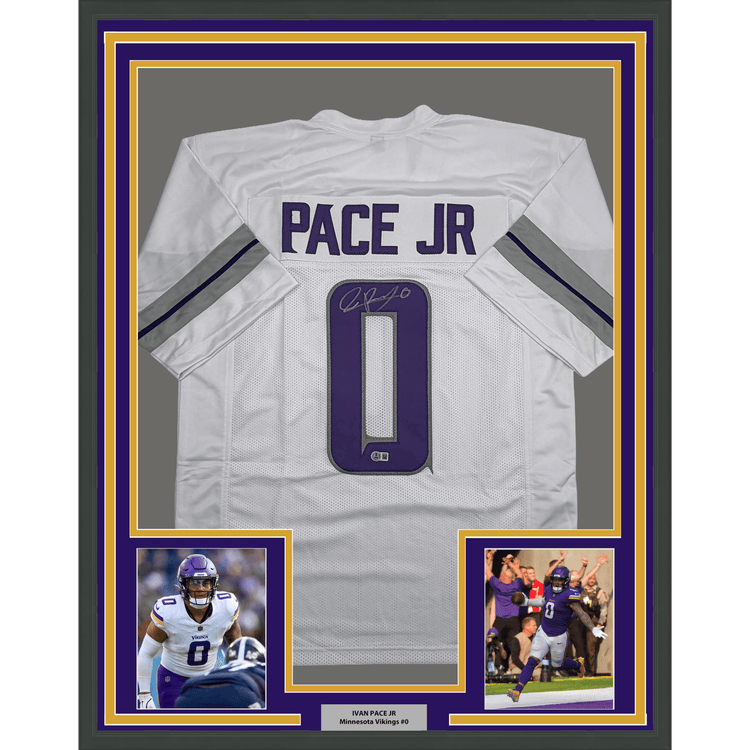 Framed Autographed/Signed Ivan Pace Jr. 35x39 Minnesota White Out Alternate Football Jersey Beckett BAS COA