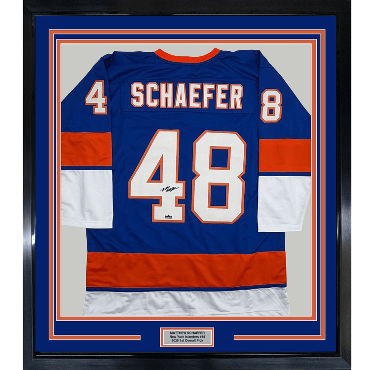 Framed Facsimile Autographed Matthew Schaefer 35x39 New York Blue Reprint Laser Auto Hockey Jersey Size Men's XL