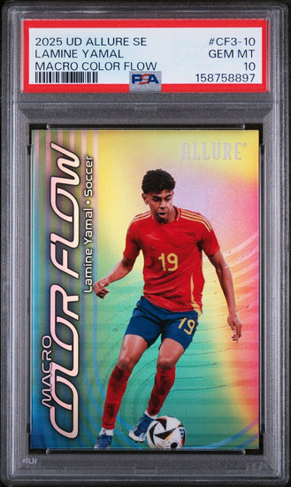 Graded 2025 Upper Deck UD Allure SE Lamine Yamal #CF3-10 Macro Color Flow Soccer Card PSA 10 Gem Mint