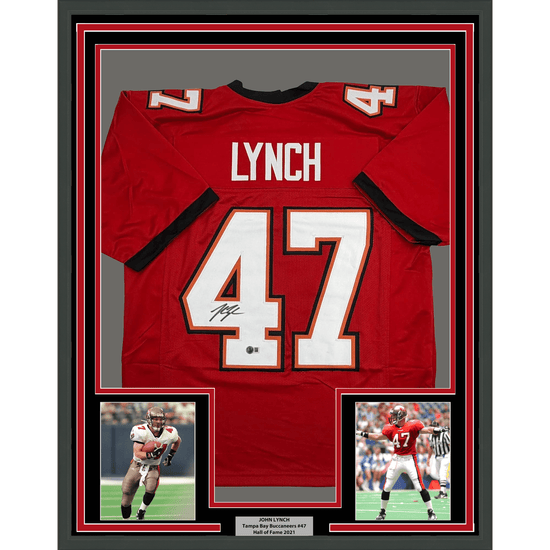 Framed Autographed/Signed John Lynch 35x39 Tampa Bay Red Football Jersey Beckett BAS COA