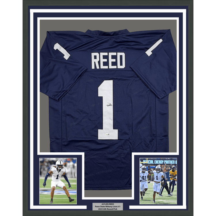 Framed Autographed/Signed Jaylen Reed 35x39 Penn State Blue College Football Jersey JSA COA