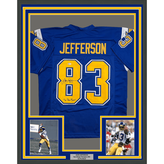 Framed Autographed/Signed John Jefferson 35x39 Los Angeles San Diego Royal Blue Football Jersey Beckett BAS COA