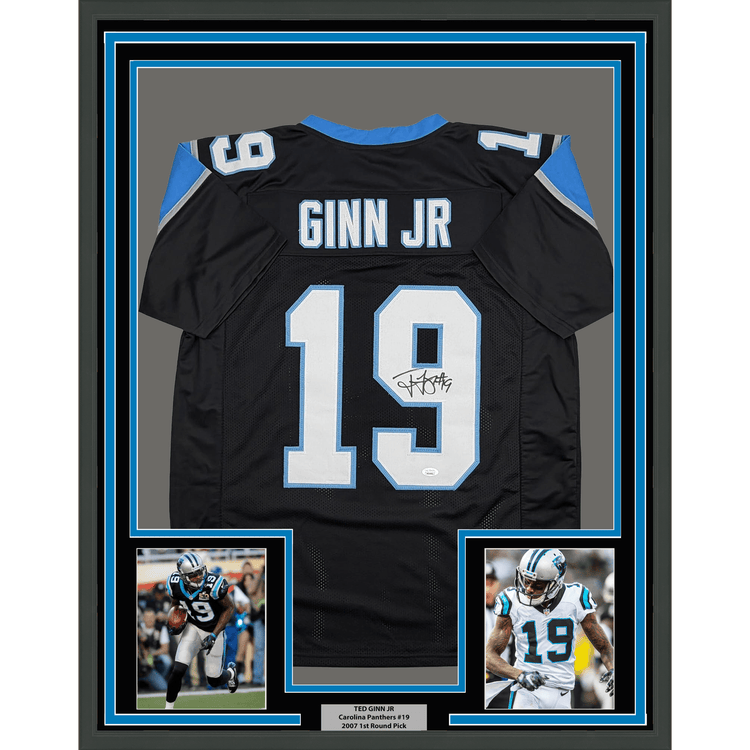 Framed Autographed/Signed Ted Ginn Jr. 35x39 Carolina Black Football Jersey JSA COA