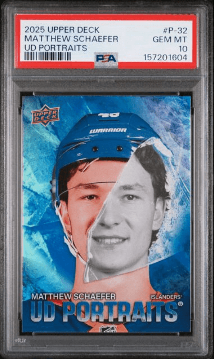 Graded 2025 Upper Deck Matthew Schaeffer #P32 UD Portraits Rookie RC Hockey Card PSA 10 Gem Mint