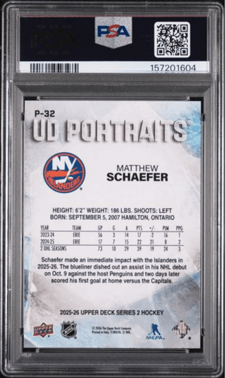 Graded 2025 Upper Deck Matthew Schaeffer #P32 UD Portraits Rookie RC Hockey Card PSA 10 Gem Mint