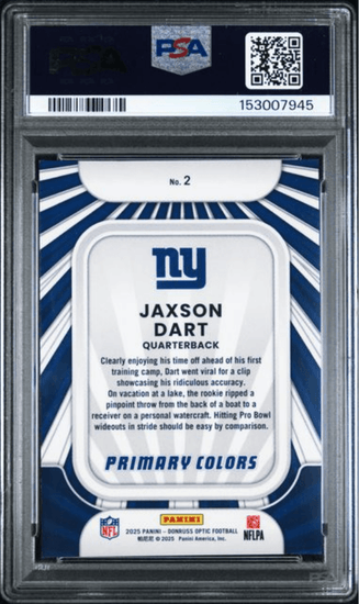 Graded 2025 Panini Donruss Optic Jaxson Dart #2 Rookie Primary Colors Rookie RC Football Card PSA 10 Gem Mint